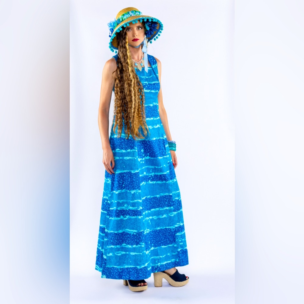 Vintage 1960s Blue Striped Maxi Dress Size Medium